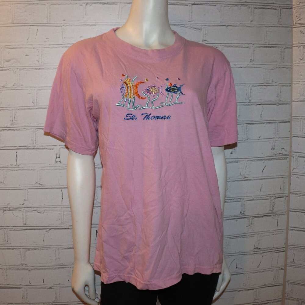 🐠🌺 St. Thomas Embroidered Fish Tee · Size M · Island Pink